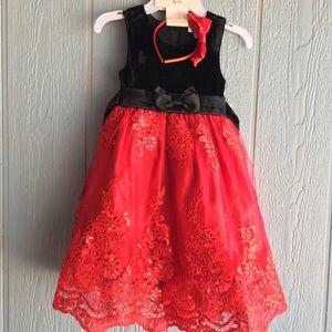 Biscotti Collezione Black Velvet Red Sequin Dress NWOT w/ red bow headband